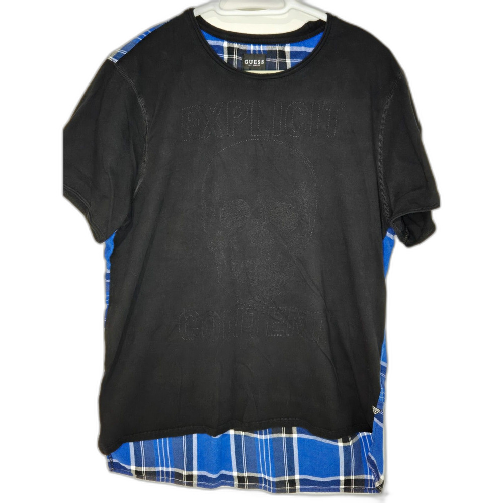 Guess Los Angeles Split Plaid Skull Graphic T-Shirt | Men's Size XL | Black/Blue